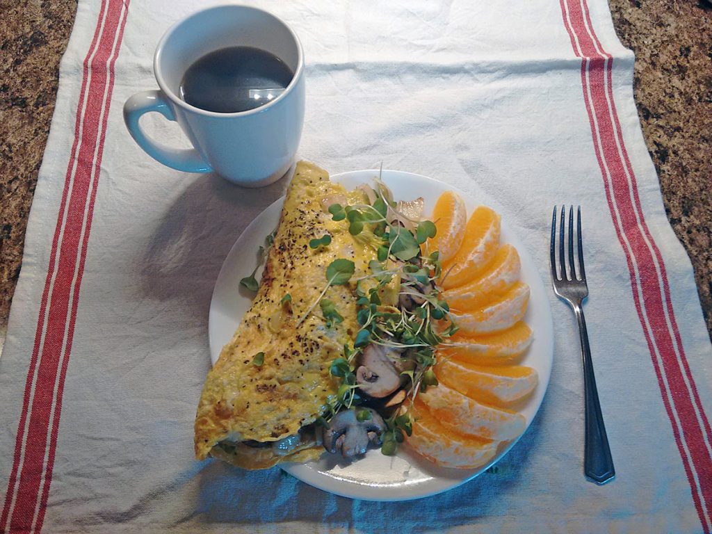 Mushroom and onion omelet with microgreens