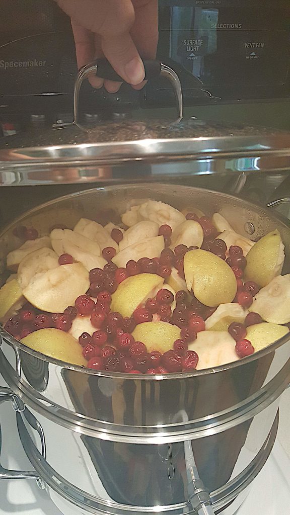 cranberries and apples in a steam juicer